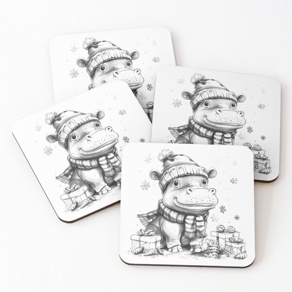 Item preview, Cute Christmas Hippo Black and White Holiday Animal Art designed and sold by inkoutninja.