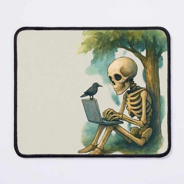 Item preview, Skeleton Working on Laptop – Funny Watercolor Skeleton Under Tree with Crow designed and sold by AbeiiStore.
