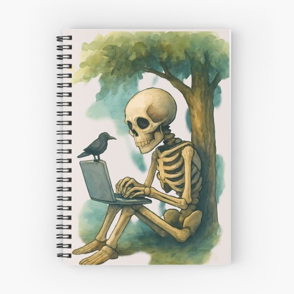 Item preview, Skeleton Working on Laptop – Funny Watercolor Skeleton Under Tree with Crow designed and sold by AbeiiStore.