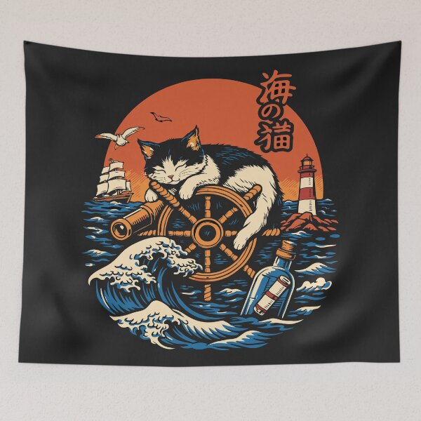 Item preview, ea Cat Sleeping on Captain's Wheel – Vintage Japanese Nautical Wave designed and sold by Teeseas Wave.