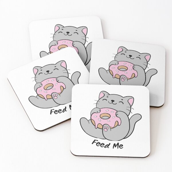Item preview, Cute "Feed Me" Cat Sticker - Grey Kitten with Pink Glazed Donut designed and sold by Saroj Snehi.