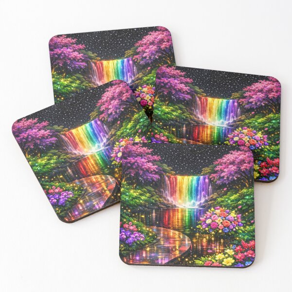 Item preview, Rainbow Waterfall Fantasy Landscape – Magical Dreamscape Nature Art designed and sold by 3free3street - Neon & Graffiti Digital Art.
