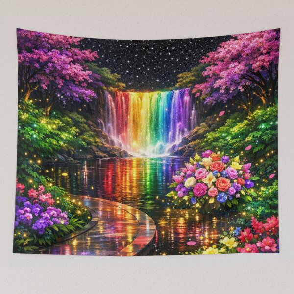 Item preview, Rainbow Waterfall Fantasy Landscape – Magical Dreamscape Nature Art designed and sold by 3free3street - Neon & Graffiti Digital Art.