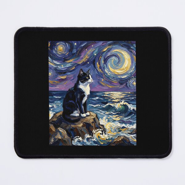 Item preview, Tuxedo Cat Starry Night Cat at the Beach and Moon Artwork designed and sold by ClaireHelle.
