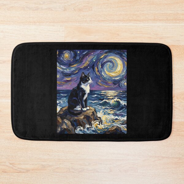 Item preview, Tuxedo Cat Starry Night Cat at the Beach and Moon Artwork designed and sold by ClaireHelle.