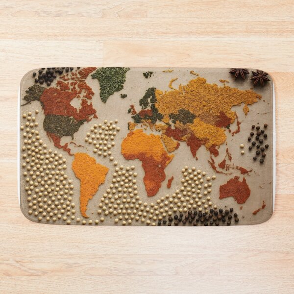 Item preview, World Map Made of Spices on Beige Background – Creative Culinary Concept designed and sold by EmeraldeaArt.