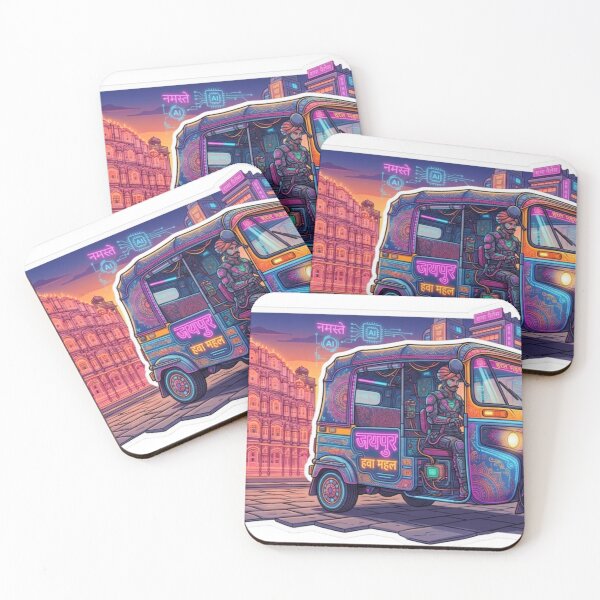 Item preview, Cyberpunk Jaipur Auto Rickshaw - Futuristic Hawa Mahal Neon Art designed and sold by DesertFlowArt.