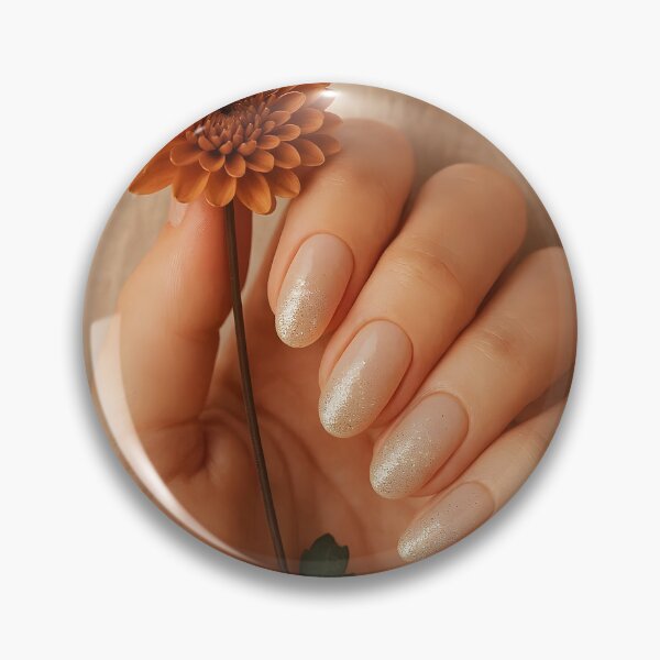 Item preview, Woman Hand with Natural Beige Ombre Nails and Golden Sparkle Holding Small Orange Flowers designed and sold by EmeraldeaArt.