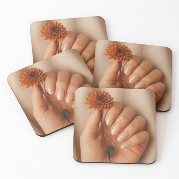 Item preview, Woman Hand with Natural Beige Ombre Nails and Golden Sparkle Holding Small Orange Flowers designed and sold by EmeraldeaArt.