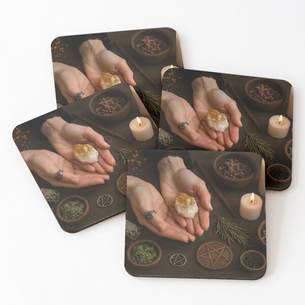 Item preview, Witchy Vibes – Woman Holding Beige Crystal Amid Herbs, Candles, and Pentagram designed and sold by EmeraldeaArt.