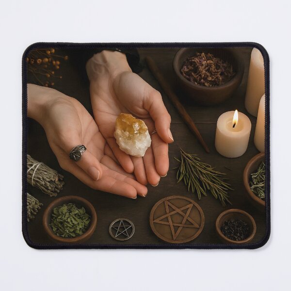 Item preview, Witchy Vibes – Woman Holding Beige Crystal Amid Herbs, Candles, and Pentagram designed and sold by EmeraldeaArt.