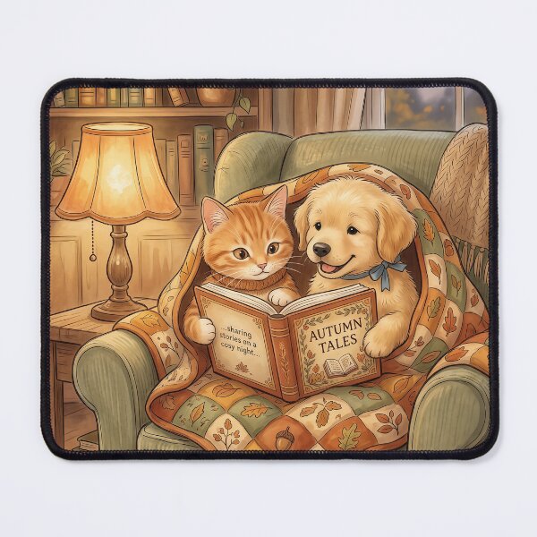 Item preview, Cozy Autumn Reading – Cute Dog and Cat Fall Storytime Illustration designed and sold by Furfolkz.