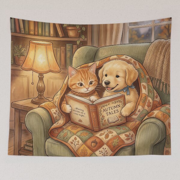 Item preview, Cozy Autumn Reading – Cute Dog and Cat Fall Storytime Illustration designed and sold by Furfolkz.