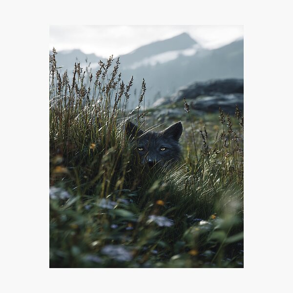 Item preview, Majestic Wolf Peeking Through Grass Mountain View designed and sold by NicolasGlowArt.