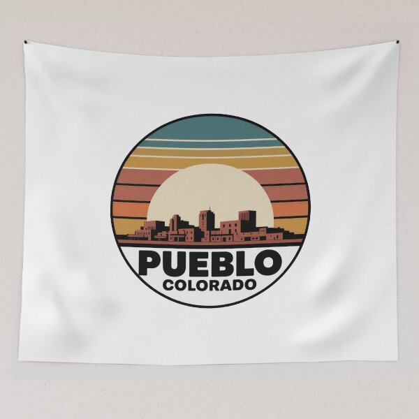 Item preview, Pueblo Colorado: Retro Teal Mustard Orange Sunset Skyline Badge designed and sold by CircinusStore.