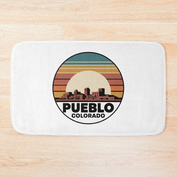 Item preview, Pueblo Colorado: Retro Teal Mustard Orange Sunset Skyline Badge designed and sold by CircinusStore.
