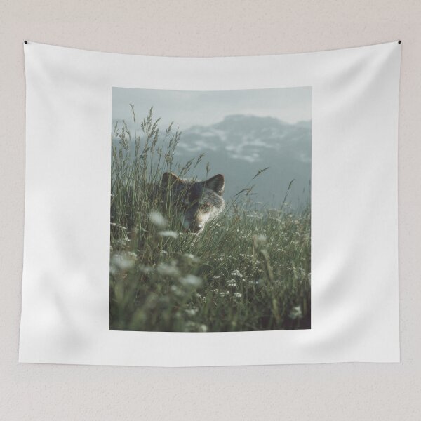 Item preview, Wild Wolf Peeking Through Grass Mountain Nature designed and sold by NicolasGlowArt.