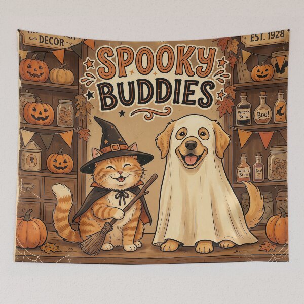 Item preview, Spooky Buddies – Cute Halloween Cat and Dog Costume Illustration designed and sold by Furfolkz.