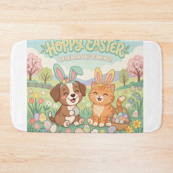 Item preview, Happy Easter Cute Cat and Dog – Adorable Easter Bunny Pets Spring Illustration designed and sold by Furfolkz.
