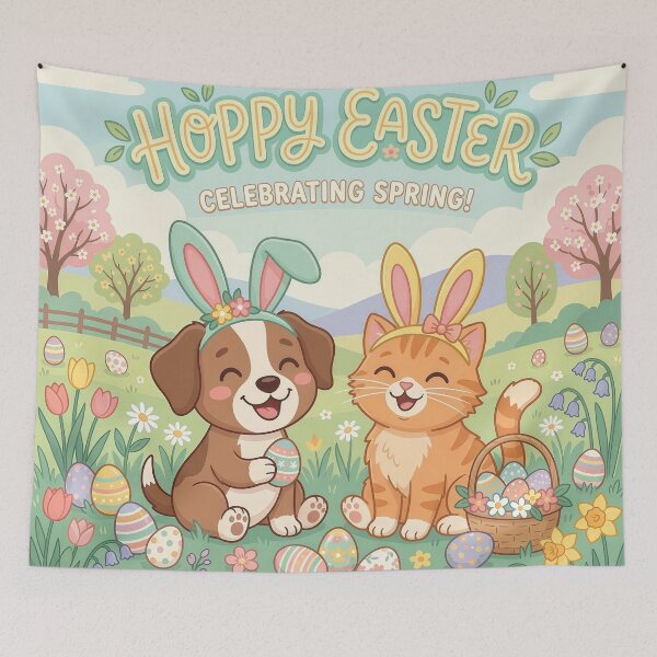 Item preview, Happy Easter Cute Cat and Dog – Adorable Easter Bunny Pets Spring Illustration designed and sold by Furfolkz.