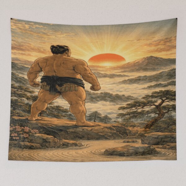 Item preview, Japanese Sumo Wrestling Art – Sumo Wall Art with Sunrise Mountain Landscape designed and sold by ArtFreshStudio.