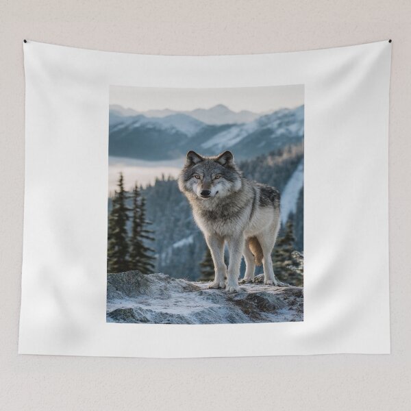 Item preview, Majestic Gray Wolf Winter Mountain Landscape designed and sold by NicolasGlowArt.