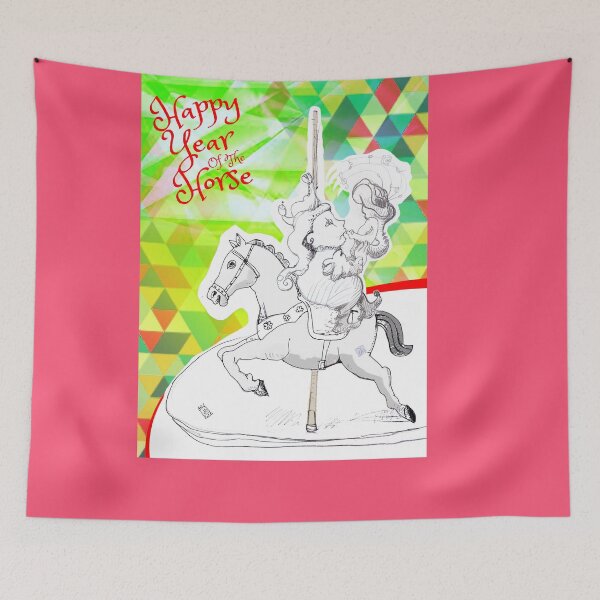 Item preview, Happy Year Of The Horse - Musical Harlequin Boy On A Carousel Horse (drawing by ACCI)  designed and sold by VanyssaGraphics.
