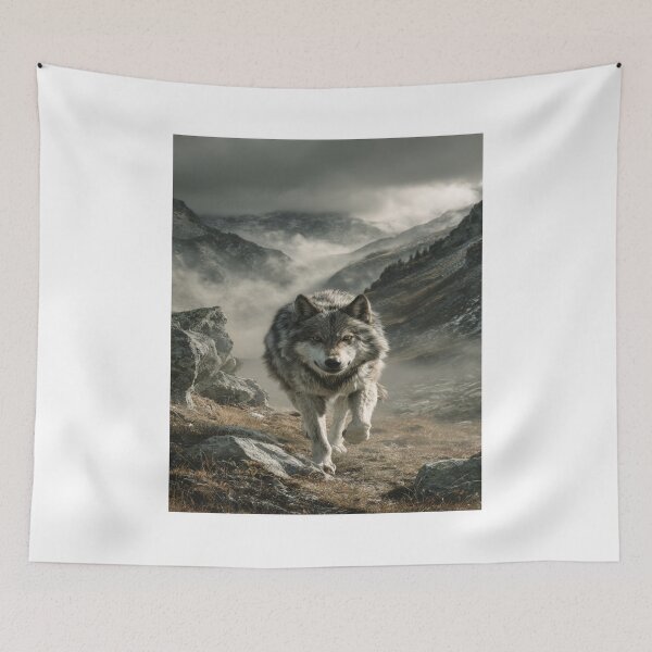 Item preview, Majestic Gray Wolf Walking Mountain Fog Nature designed and sold by NicolasGlowArt.