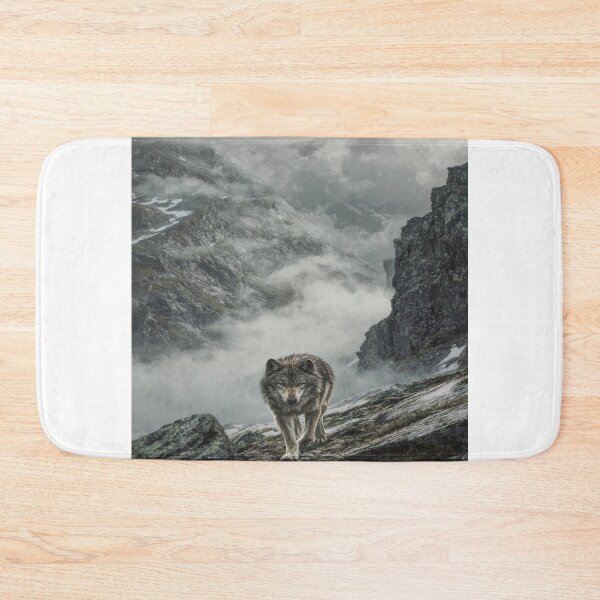 Item preview, Wild Gray Wolf Walking Misty Mountain Landscape designed and sold by NicolasGlowArt.
