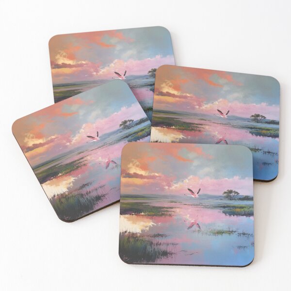 Item preview, A flock of Flamingos lifting into the air over shallow wetlands, Birds in Motion designed and sold by CDC40.