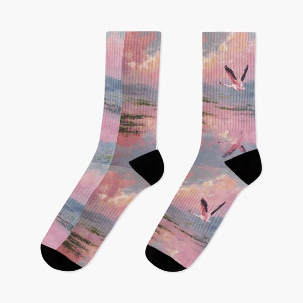 Item preview, A flock of Flamingos lifting into the air over shallow wetlands, Birds in Motion designed and sold by CDC40.