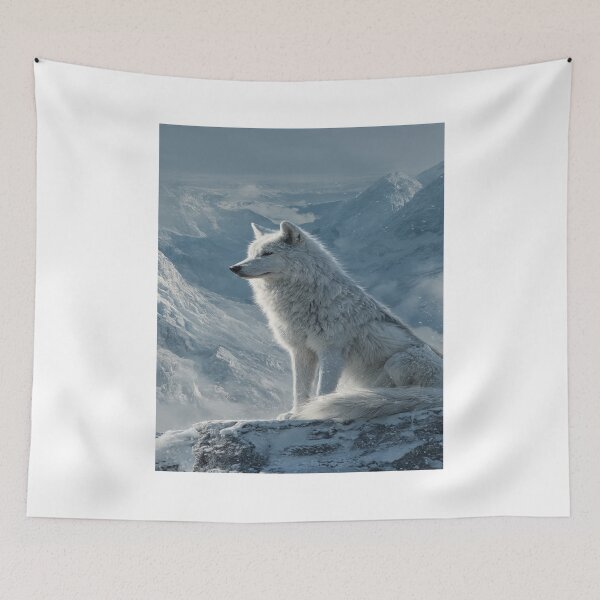 Item preview, Majestic White Arctic Wolf Snowy Mountain Scene designed and sold by NicolasGlowArt.