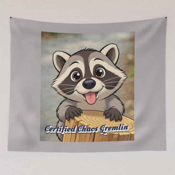 Item preview, Cute Cartoon Raccoon Peeking Over a Log with Tongue Out "Certified Chaos Gremlin" designed and sold by HALYNA070824.