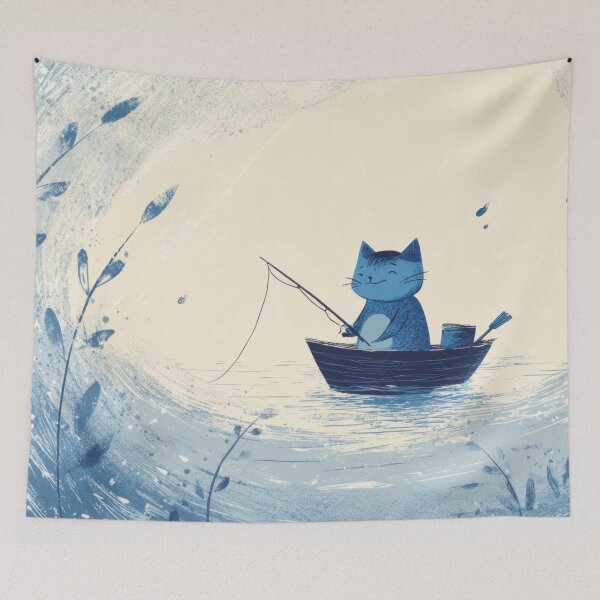 Item preview, Cat fishes in a small boat on water designed and sold by anytka.
