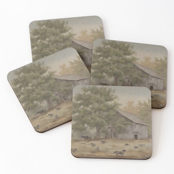 Item preview, Vintage Farm Scene with Dogs and Rustic Barn – Countryside Landscape Painting designed and sold by CAFDESIGNS51.