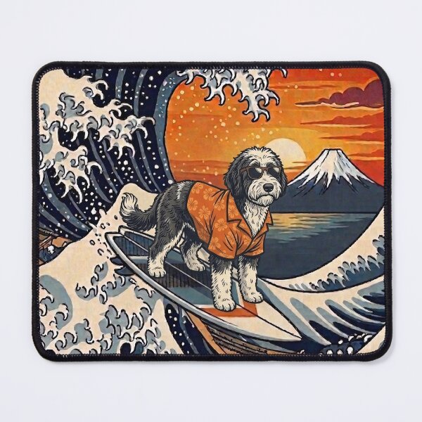 Item preview, Funny Sheepadoodle Surfer Kanagawa Wave Japanese Sunset Vintage Mom Dad Kids designed and sold by FurryHavenPH.