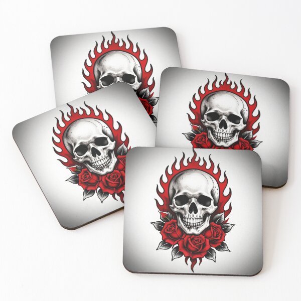 Item preview, Dark gothic skull with roses and flames, tattoo style illustration, bold lines, high contrast, black and red color palette, edgy streetwear design designed and sold by Goeagle.