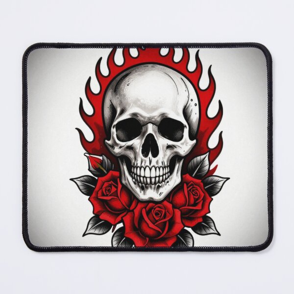 Item preview, Dark gothic skull with roses and flames, tattoo style illustration, bold lines, high contrast, black and red color palette, edgy streetwear design designed and sold by Goeagle.