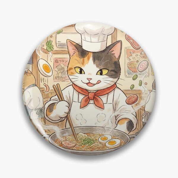 Item preview, cat chef cooking ramen in kitchen, anime inspired illustration, playful expression designed and sold by Goeagle.