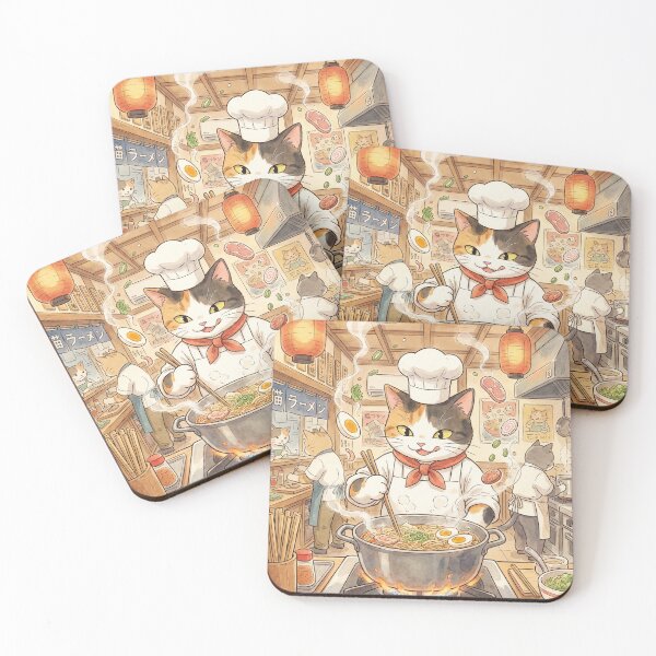 Item preview, cat chef cooking ramen in kitchen, anime inspired illustration, playful expression designed and sold by Goeagle.