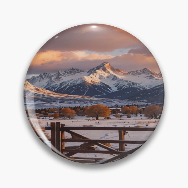 Item preview, Snowy Ranch Gate with Mountain Sunset Glow designed and sold by BeautifulVirtues.