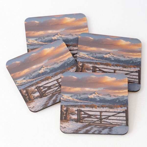 Item preview, Snowy Ranch Gate with Mountain Sunset Glow designed and sold by BeautifulVirtues.