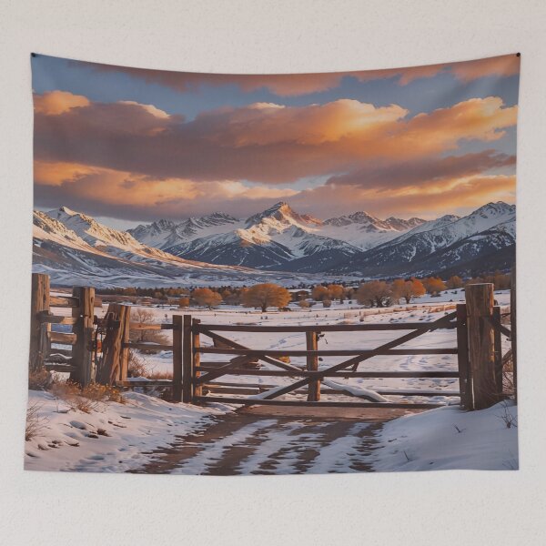 Item preview, Snowy Ranch Gate with Mountain Sunset Glow designed and sold by BeautifulVirtues.