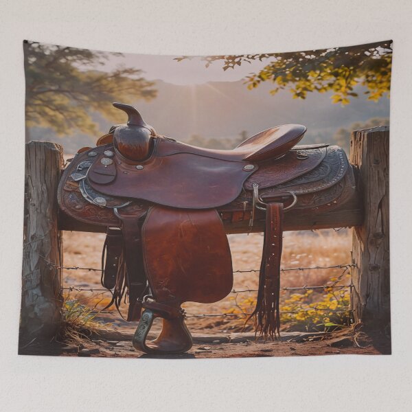 Item preview, Vintage Western Saddle at Sunset designed and sold by BeautifulVirtues.
