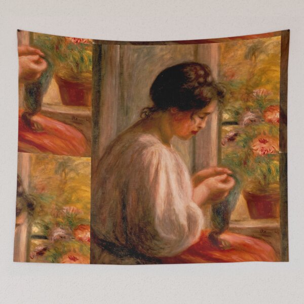 Item preview, Seamstress at Window by Pierre-Auguste Renoir: Cozy Impressionist Fine Art Poster designed and sold by artofuniverse.