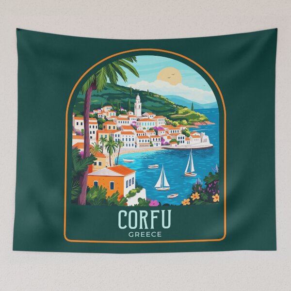 Item preview, Corfu Vintage Travel Illustration designed and sold by HomeLivingCo.
