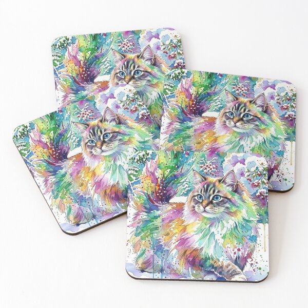 Item preview, Rainbow Splash Long-Haired Cat Winter Watercolor Art designed and sold by BLUESKY11a.