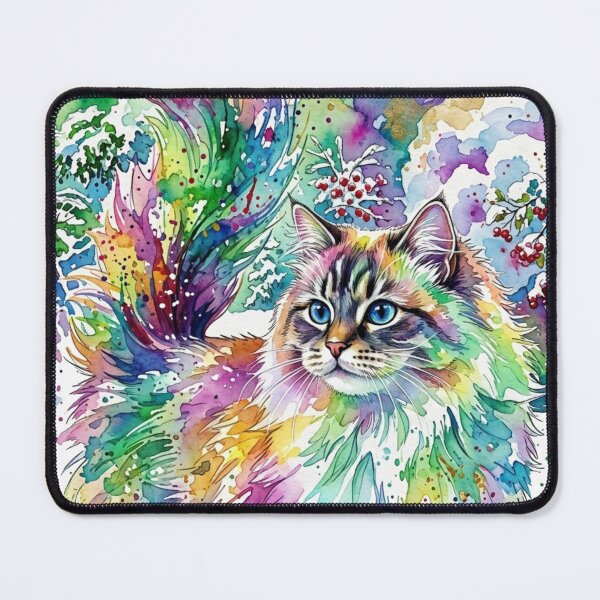 Artikelvorschau, Regenbogen-Splash Langhaarkatze Winter Aquarellkunst entworfen und verkauft von BLUESKY11a.