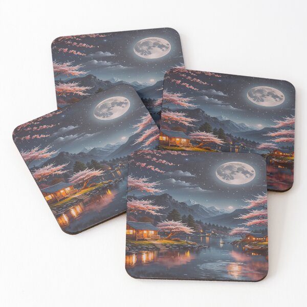 Item preview, Moonlit Cherry Blossom Lake with Cozy Cabins designed and sold by BeautifulVirtues.