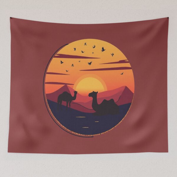 Item preview, Desert sunset Camels Silhouette - Sahara Landscape Illustration Warm Minimalist Art. designed and sold by LunaPrintCo.